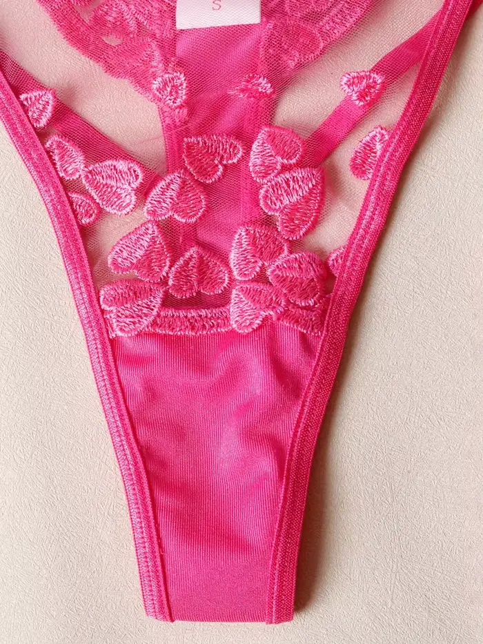 Sada troch vyšívaných sieťovaných spodnej bielizne s červeným srdcom Belamimi, sexy priehľadná podprsenka a podväzok pre ženy