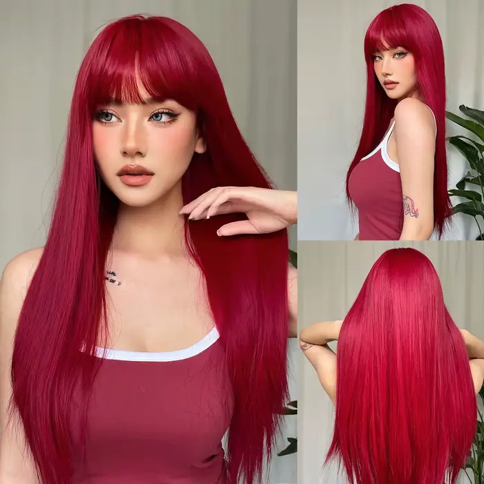 Červená vysokoteplotná vláknitá parochňa pre cosplay a špeciálne príležitosti s prirodzeným okrajom a dlhými rovnými vlasmi pre ženy