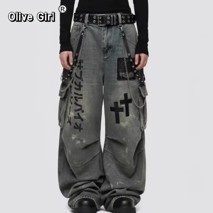 Grande taille crâne croix femmes jean pantalon Denim pantalon américain rétro ambiance jambes larges