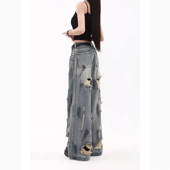 Jean ample bleu déchiré style Y2K rétro américain taille haute tendance pour hommes et femmes, coupe