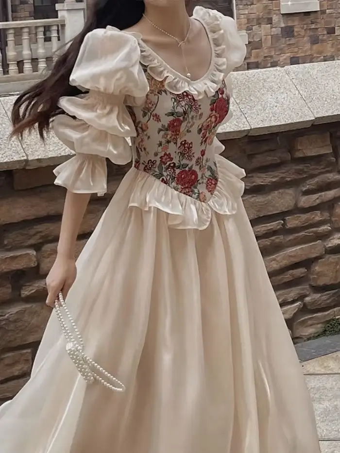 Vintage élégant imprimé robe florale femmes 2023 automne col rond décontracté soirée robe mi-longue