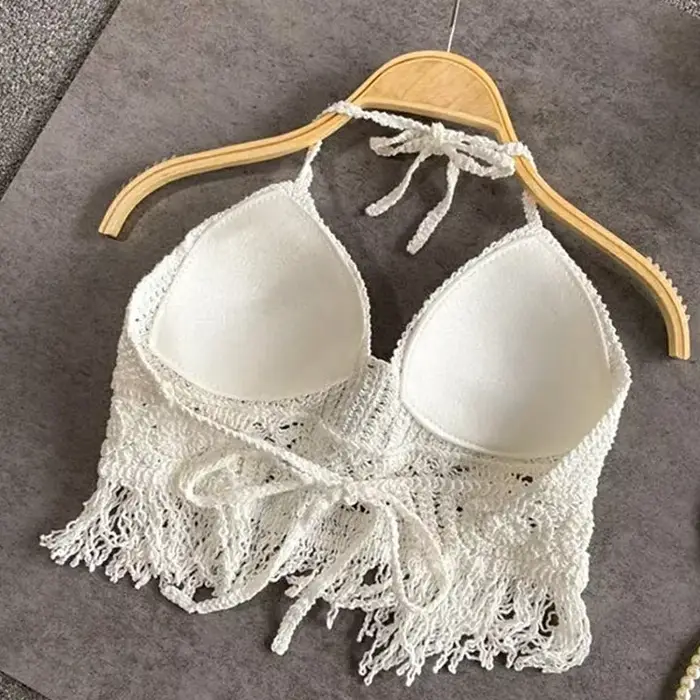 Sexy Boho plážové prázdniny Camisole lano ženy Háčkovaný pletený plavkový podprsenka holý chrbát vesta dutý strapček top