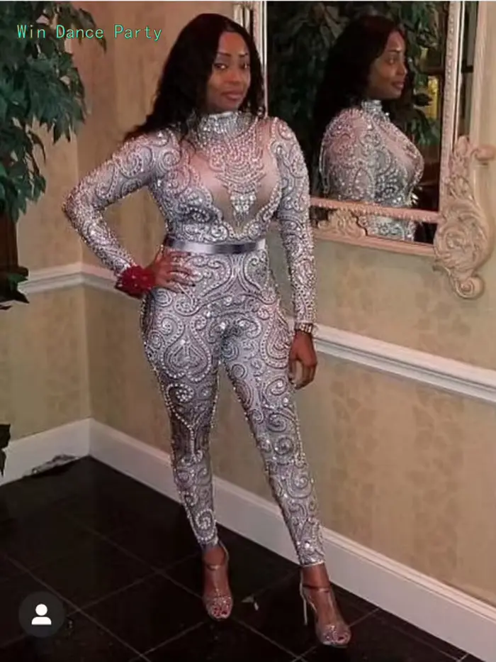 Combinaison moulante pour femme avec perles et diamants, tenue de pole dance, robe de spectacle pour chanteuse de discothèque, costumes de performance