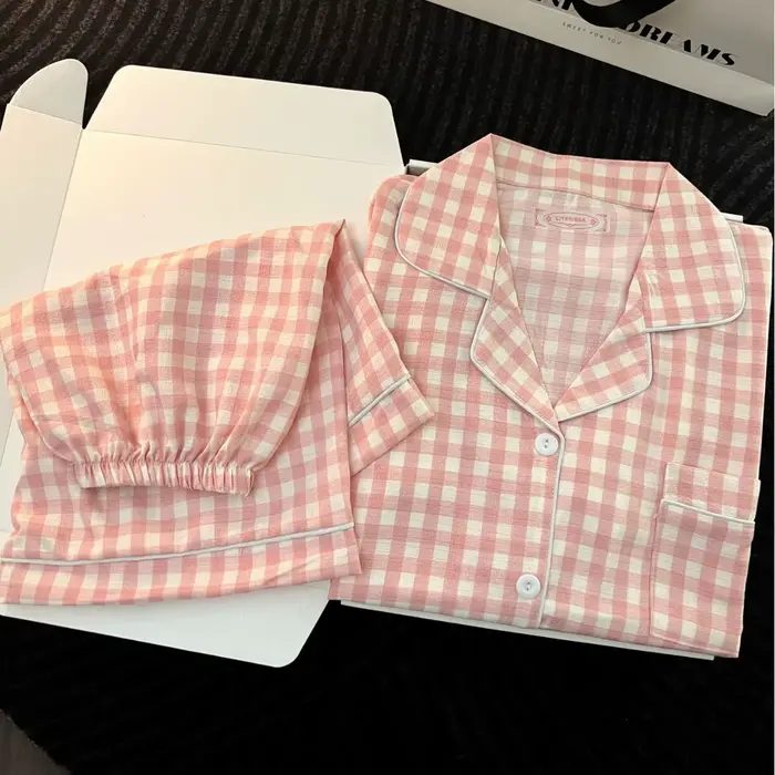 Pyjama minimaliste de style japonais pour femmes, ensemble d'été en polyester et élasthanne, shorts, col rabattu, motif plaid, tenue d'été décontractée pour nuits chaudes