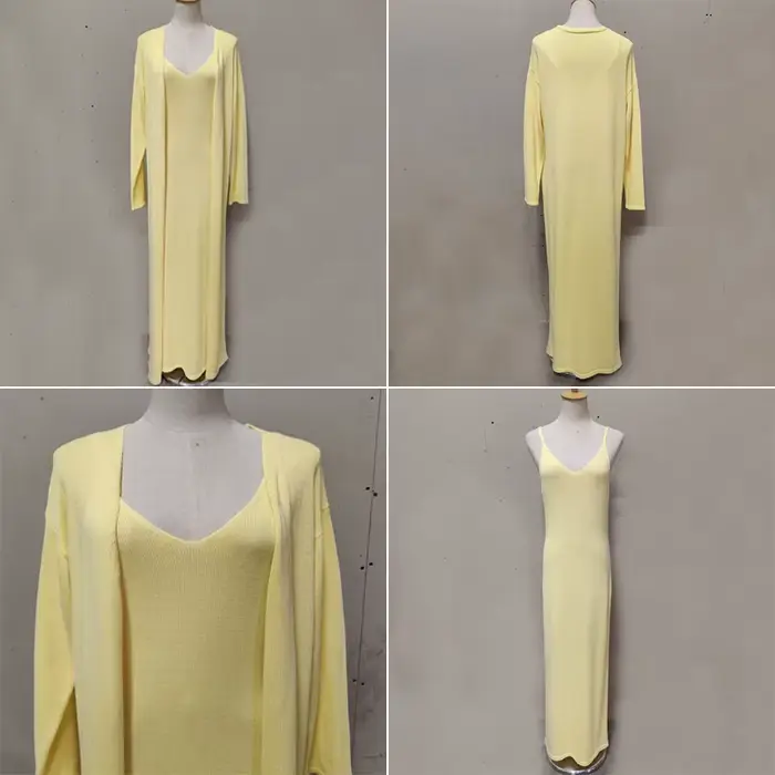 Tuularose dámske dlhé šaty 2-dielne jednofarebné pletené so špagetovými ramienkami a dlhými rukávmi Cardigan set ležérny