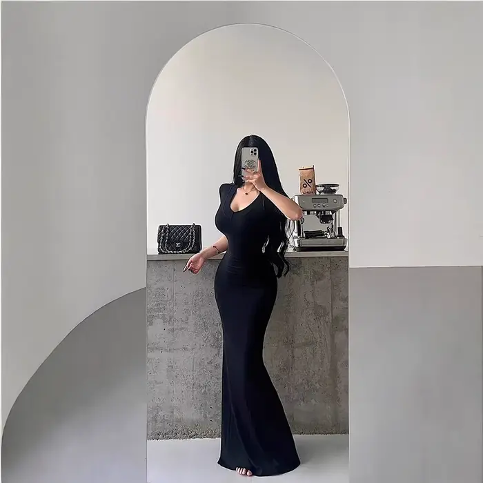 Kardashian Sexy manches courtes col en v minceur robe sirène longueur au sol portefeuille robe moulante femmes robe longue noire