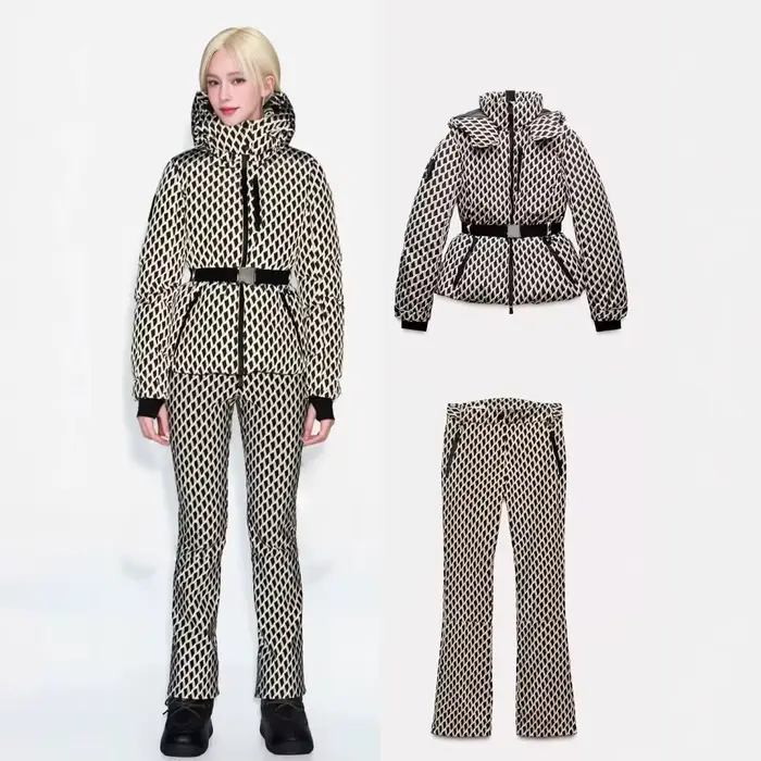 Ensemble de ski deux pièces pour femme, Parka de Sport rembourrée, taille haute, avec ceinture, poch