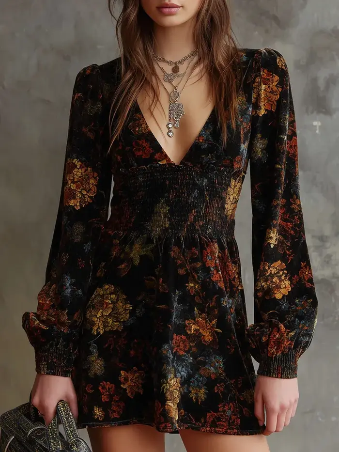 Robe Vintage élégante en velours imprimé Floral, col en v, taille Sexy, manches longues, ligne a, lanterne noire, robe de nuit Chic