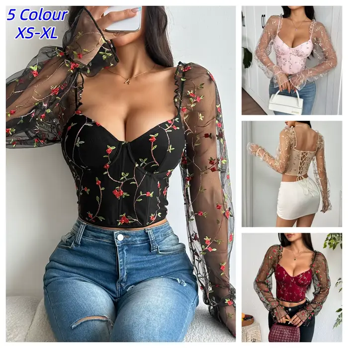 Sexy korzet pre ženy s dlhými rukávmi, kvetinové výšivky v pletive, zoštíhľujúce popruhy vo veľrybách, fit fit, univerzálne a trendy