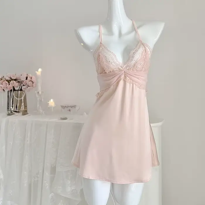 Robe de nuit princesse en dentelle sexy style court, pyjama d'été en satin dos nu