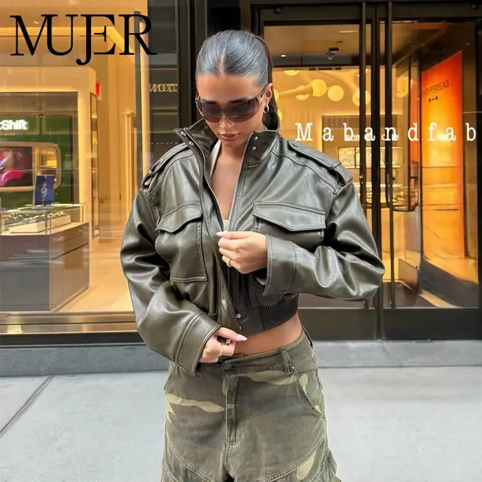 MUJER Umelá koža Strihaná bunda ženy Bomber Polosezónne bundy pre