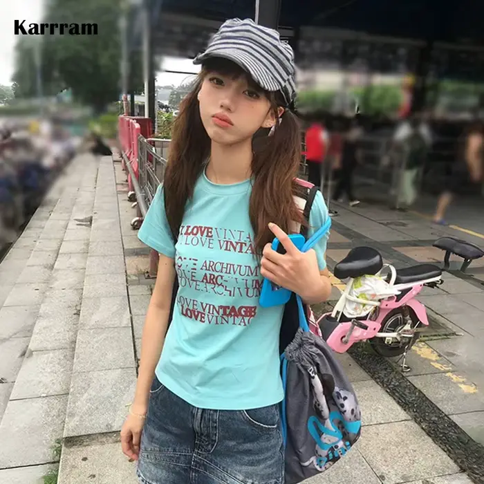 Karrram japonais Y2k lettre impression T-shirt Trashy 2000s Style haut court Vintage Harajuku manche