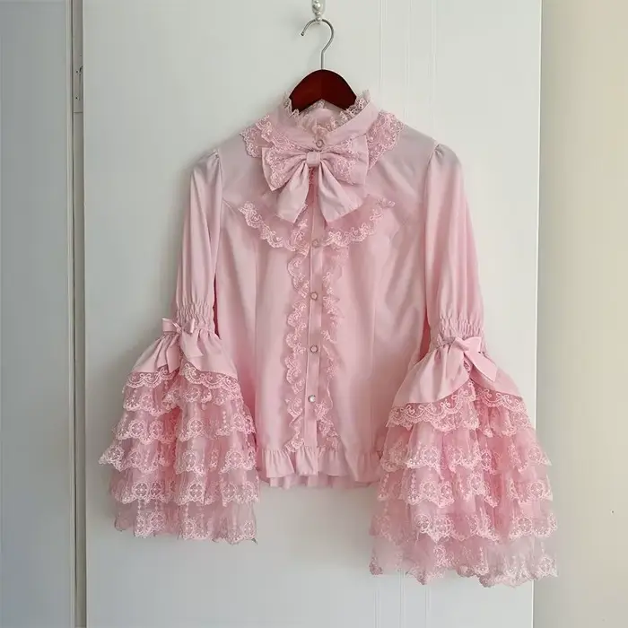 Chemise Lolita gothique et douce – Chemisier à volants à manches longues pour robes JSK, haut en den