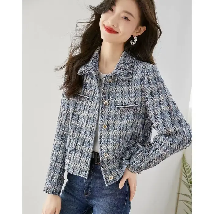 Manteau court en tweed LatejTweed pour femme, vestes à manches longues, revers classique élégant, ve