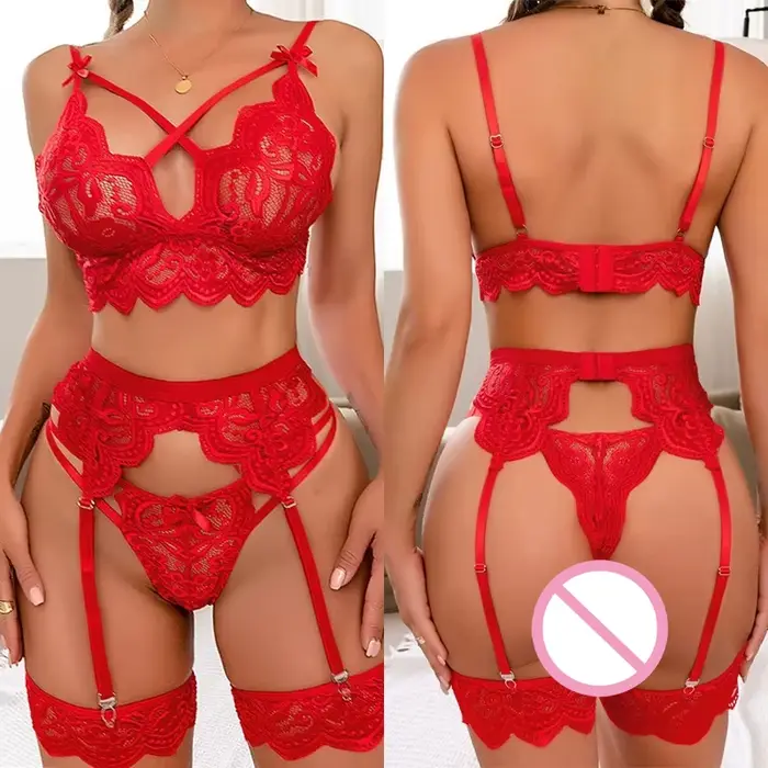 Sexy spodná bielizeň z kvetinovej čipky pre ženy, priehľadná podprsenka s popruhmi a nohavičkami s podväzkovým pásom, ideálna pre medové týždne, večer a dátum