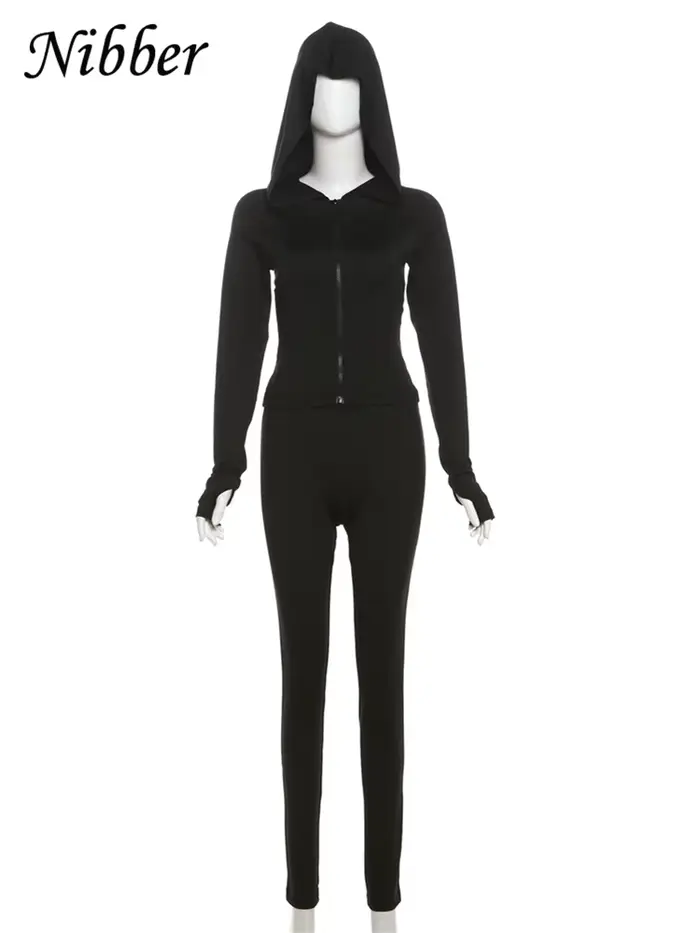 Nibber Športový Casual 2-dielny Set pre Ženy Mikina s Kapucňou na Zips Crop Top + Legíny Fitness Mäkký Stretch Streetwear