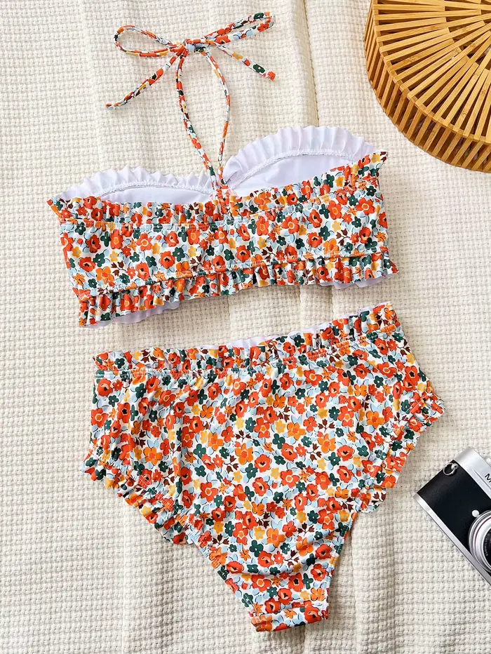 Kvetinová tlač Dvojdielna čelenka Bikini Set Nahé ramená Žena Plavky Vysoký pás Skladaný obväz Ženy Plavky