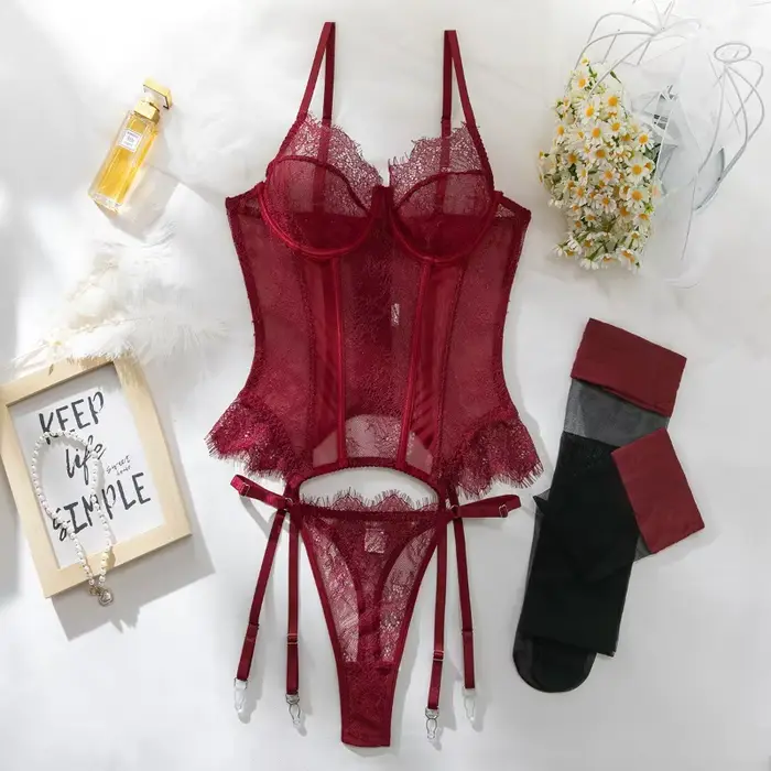 Ensemble de lingerie féminine Willowy, corset sexy, soutien-gorge et culotte en dentelle, 2 pièces avec bas, tenues transparentes, sous-vêtements intimes pour filles sissy