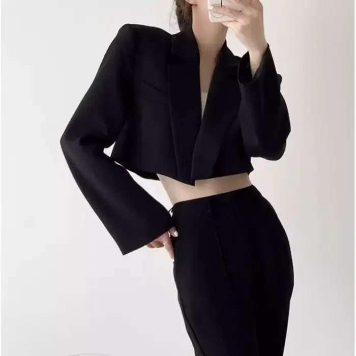 Dámske krátke biele sako základný elegantný jednofarebný vrch s dlhými rukávmi otvorený vpredu ležérny kabát