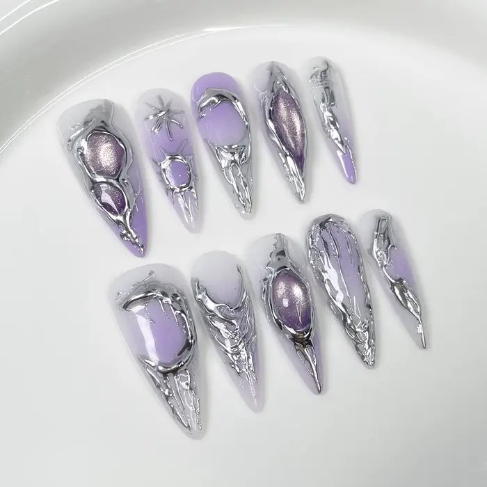 Spice Girl – faux ongles à rayures métalliques argentées, faits à la main, longs, bleu-rose, Design 