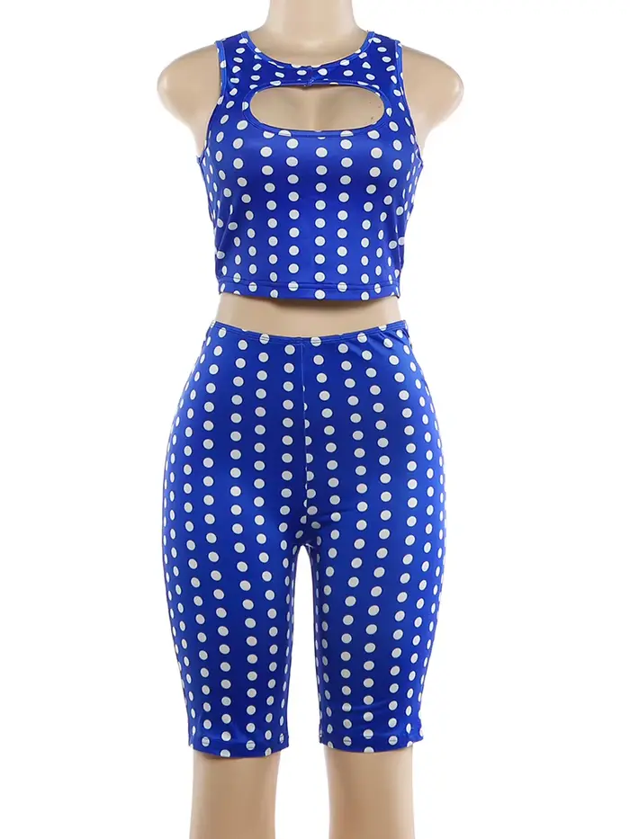Ensemble 2 pièces Kliou à imprimé pois pour femme, haut court à col rond et design ajouré + short mo