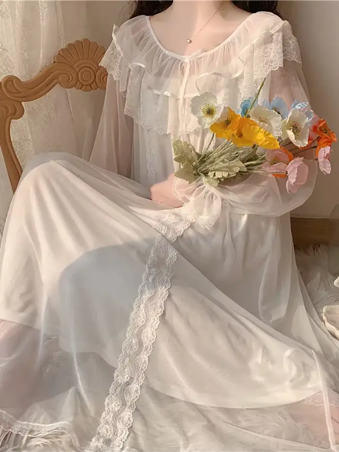 Vintage lietajúce ženy nočné košele Lolita pyžamo princezná biela čipka oka víla nočná košeľa viktoriánske nočné košele relaxačné oblečenie