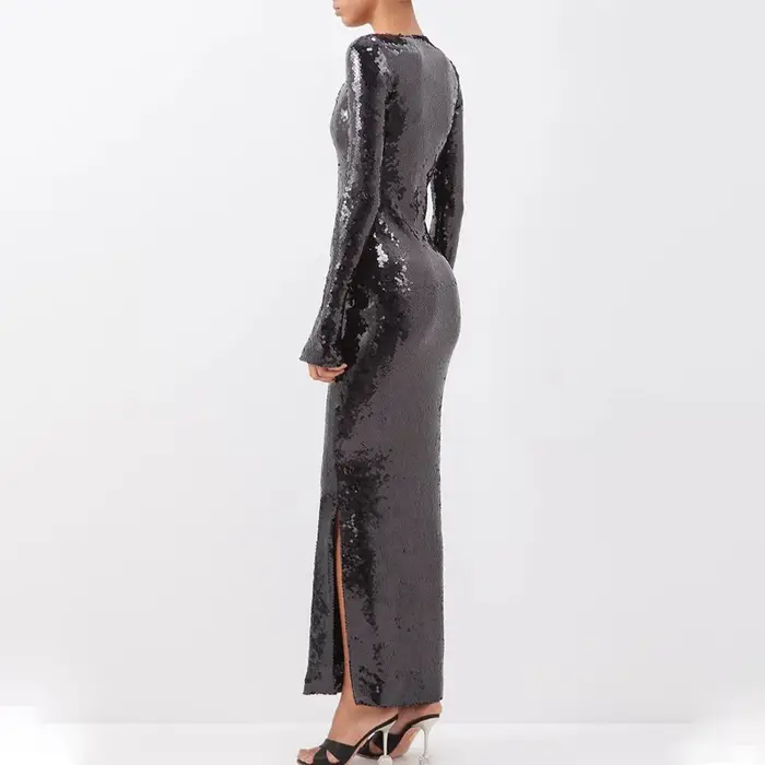 Robe de soirée sexy à sequins pour femmes, col en V, manches à clapet, jupe avec ourlet fendu, boîte