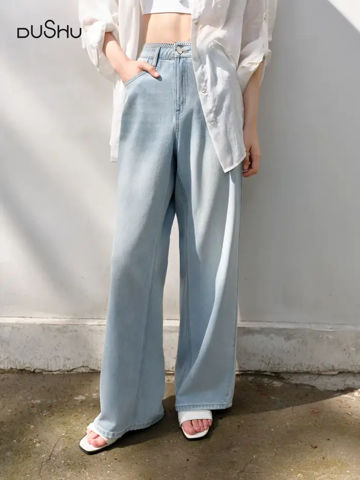 DUSHU jean de couleur claire été 2025 nouveau Style à la mode tout-match taille haute rayé couture p