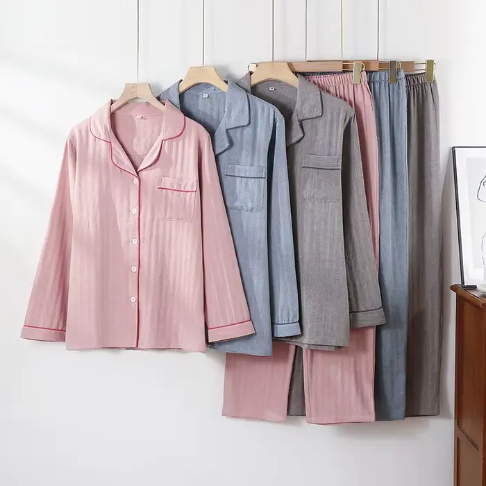 Štýlové japonské pyžamo pre ženy, mäkká bavlna, dlhé rukávy, členkové nohavice, V-neck, pohodlné na spanie a relaxáciu, špeciálne príležitosti