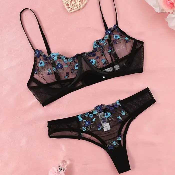 Ensemble de lingerie en dentelle transparente brodée pour femmes, sexy, avec soutien-gorge push-up et culottes dégradées, élégant et confortable pour toutes les occasions spéciales