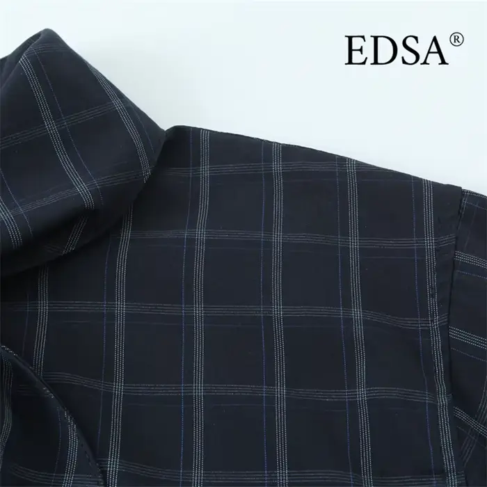 EDSA chemise à carreaux bleu marine pour femmes avec poche carrée pour bureau dame simple boutonnage