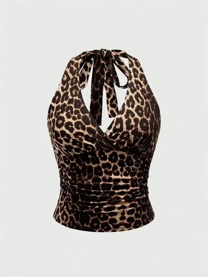 Top krátky chrbát V-neck leopard pre ženy sexy štýl a klub letné junior pletené polyester elastan