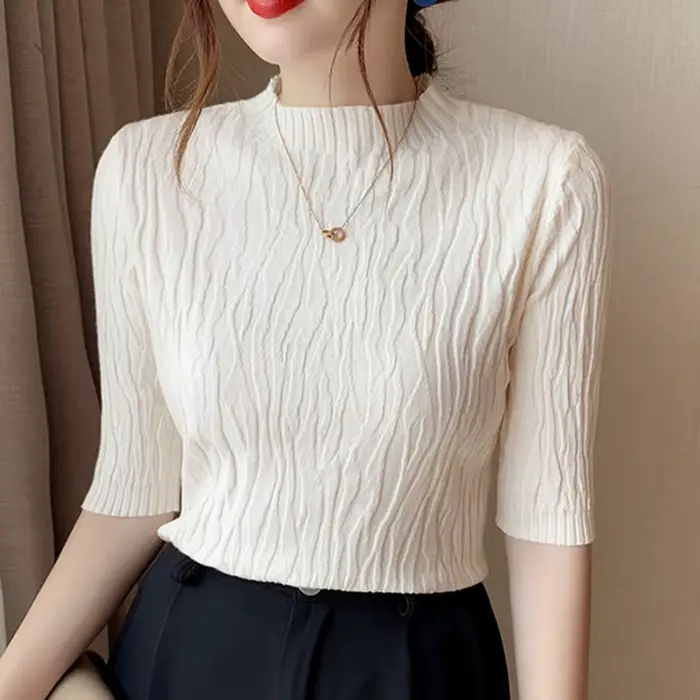 Pull uni à manches courtes pour femmes, pull côtelé, mode coréenne, vêtements féminins minces décont