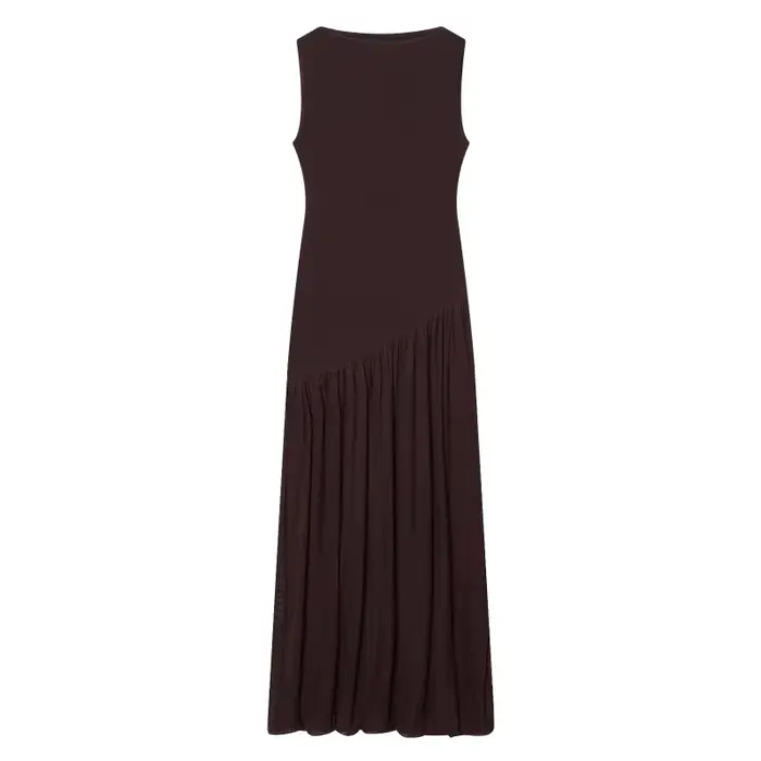 Robe mi-longue plissée marron sans manches à col montant pour femme ETJ, coupe fluide, style minimal