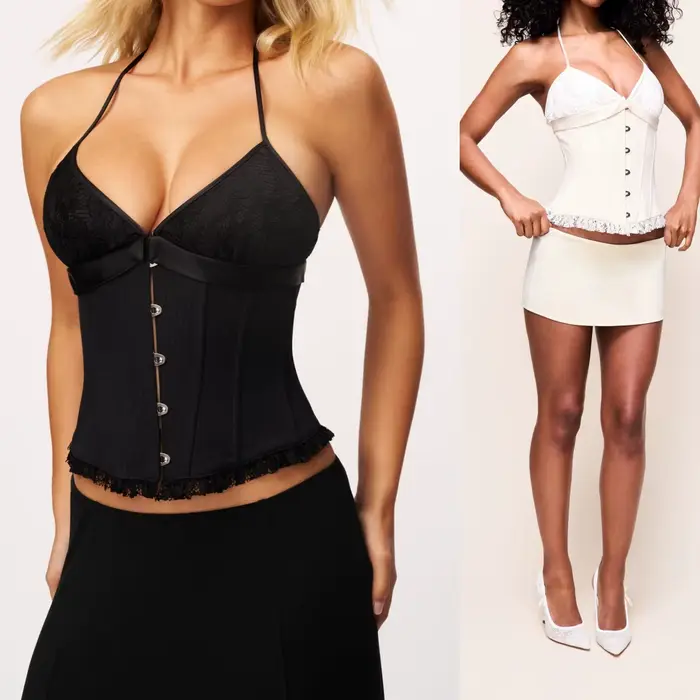 Corset Halter en Dentelle Guz avec Soutien à Baleines, Camisole Courte Amincissante à Bretelles Croisées au Dos, Haut Halter Sculptant à Bonnets en Dentelle et Crochets à l'Avant, Corset Halter en Den