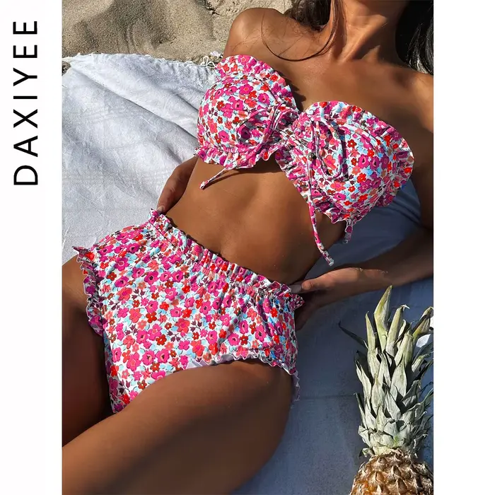 Kvetinová tlač Dvojdielna čelenka Bikini Set Nahé ramená Žena Plavky Vysoký pás Skladaný obväz Ženy Plavky