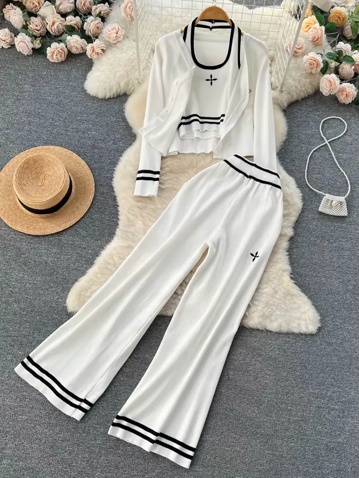 Streetwear tricoté ensemble 3 pièces pour femmes, Cardigan à manches longues manteau + Camisole + pa