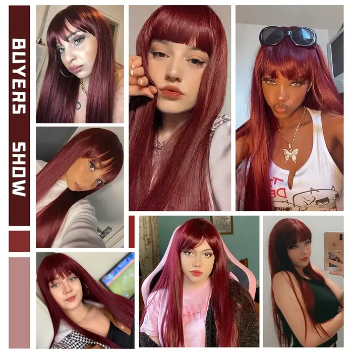 Červená vysokoteplotná vláknitá parochňa pre cosplay a špeciálne príležitosti s prirodzeným okrajom a dlhými rovnými vlasmi pre ženy