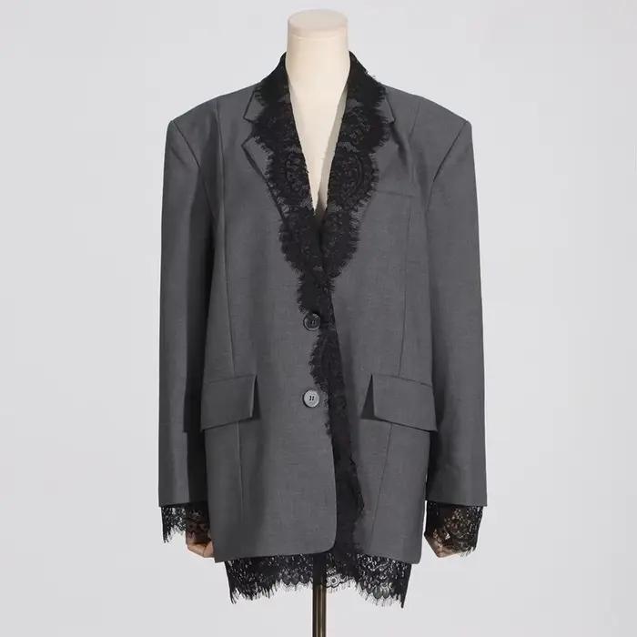 VGH-Blazer Chic en Dentelle Épissée pour Femme, Col Cranté, Manches sulf, Style de Vêtement Féminin
