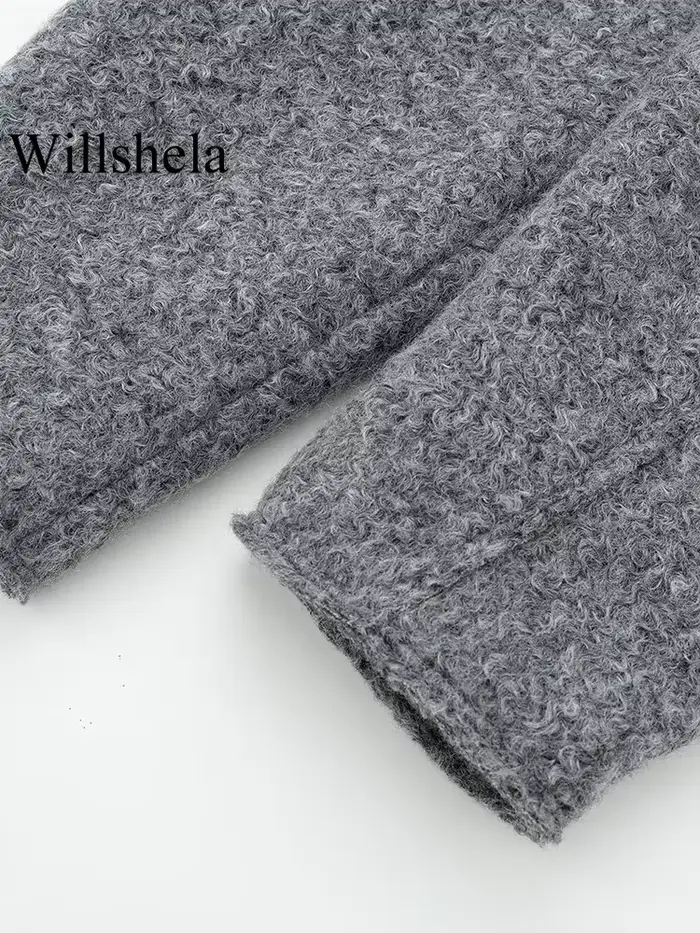 Willshela dámska módna bunda so sivými prednými vreckami na zips Vintage golier dlhé rukávy žena Štýlové oblečenie