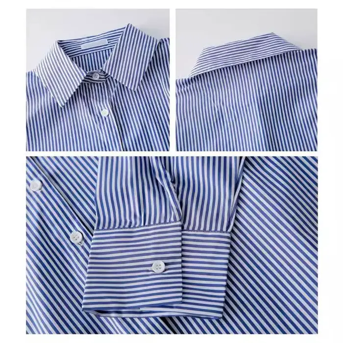 Classique rayé femme printemps automne Blouses chemise dame longue lanterne manches col montant lâch