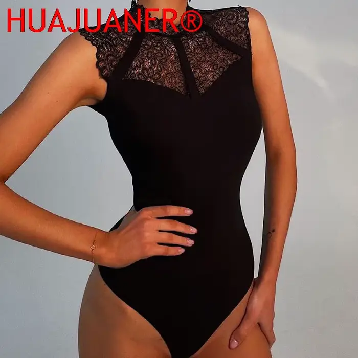 Čierna čipka body pre ženy v polyestere - sexy štýl a klub pre letné večery špeciálne príležitosti