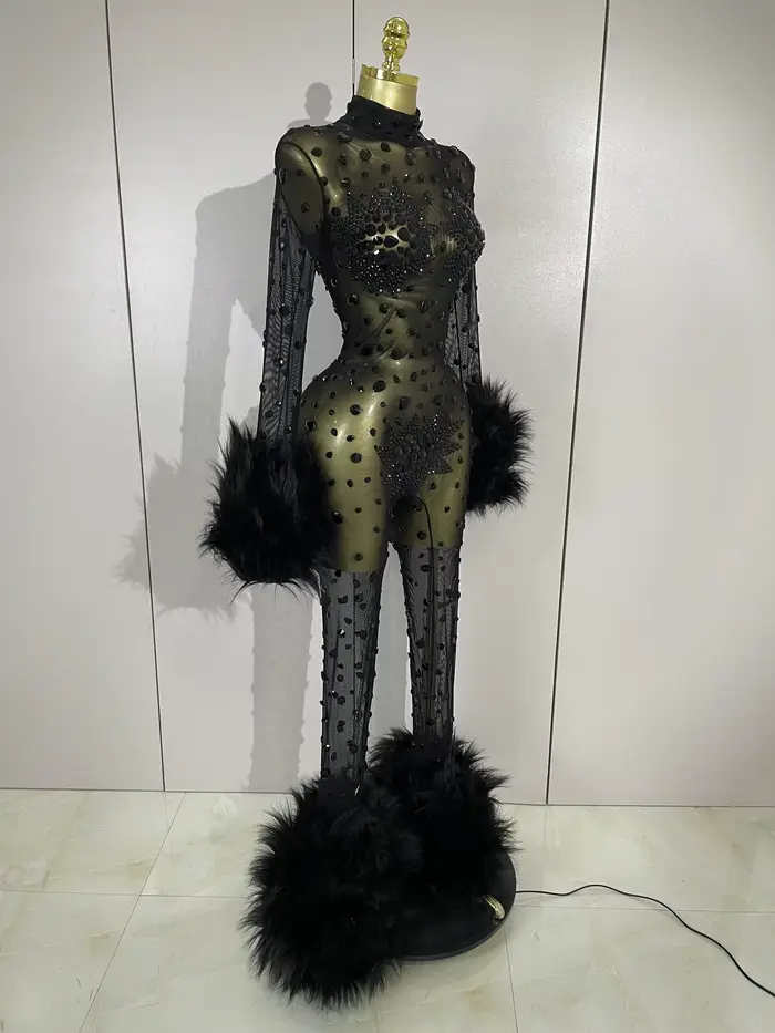 Luxusné čierne diamantové sieťované priehľadné elastické body s dlhým rukávom pre ženy Sexy Performance spevák Cos
