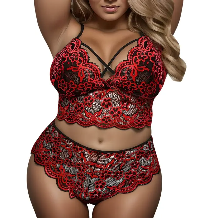 Femmes grande taille mode deux pièces lingerie sexy ensemble érotique déshabillé en dentelle col en