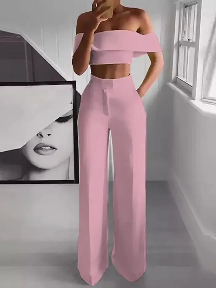 2025 été solide décontracté deux pièces ensemble femmes Sexy haut court jambe large pantalon tenues 