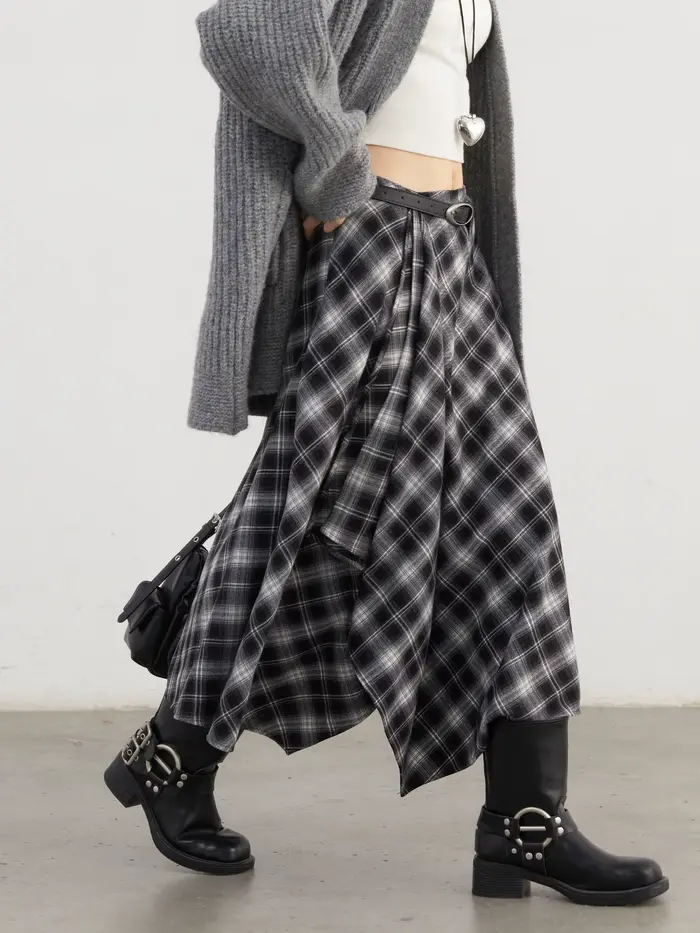 CHIC VEN Jupes pour femmes, coupe trapèze, style rétro, taille haute, motif écossais irrégulier, asp