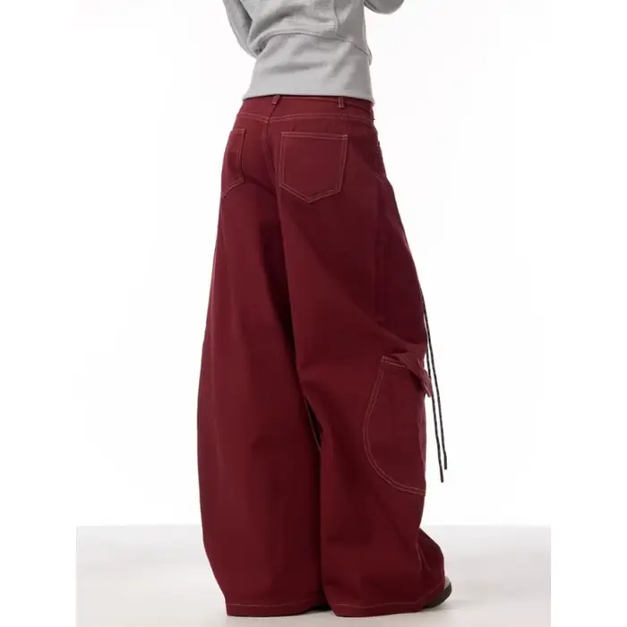 Cargo rouge jean décontracté femmes vêtements de travail pantalon ample droit jambe large pantalon p