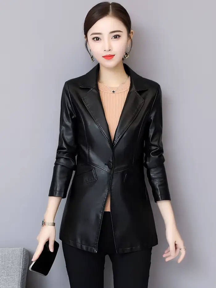 Nová dámska kožená bunda Jeseň Zima Móda Klasický Jednogombíkový Slim Blazer z ovčej kože Jar Oblečenie