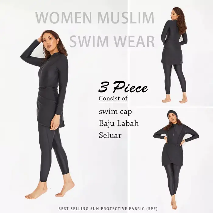 Maillot de Bain Musulman à Manches sulfpour Femme, Burkini, Turban, 3 Pièces