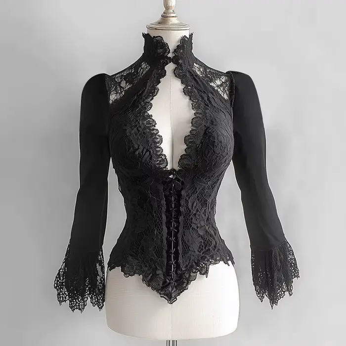 Dámska čipka korzet, Sexy vysoká košeľa, Hlboký V-neck, Blúzka rukávy, Gotický, Vintage, Večerná bustier, Chic Dámska móda
